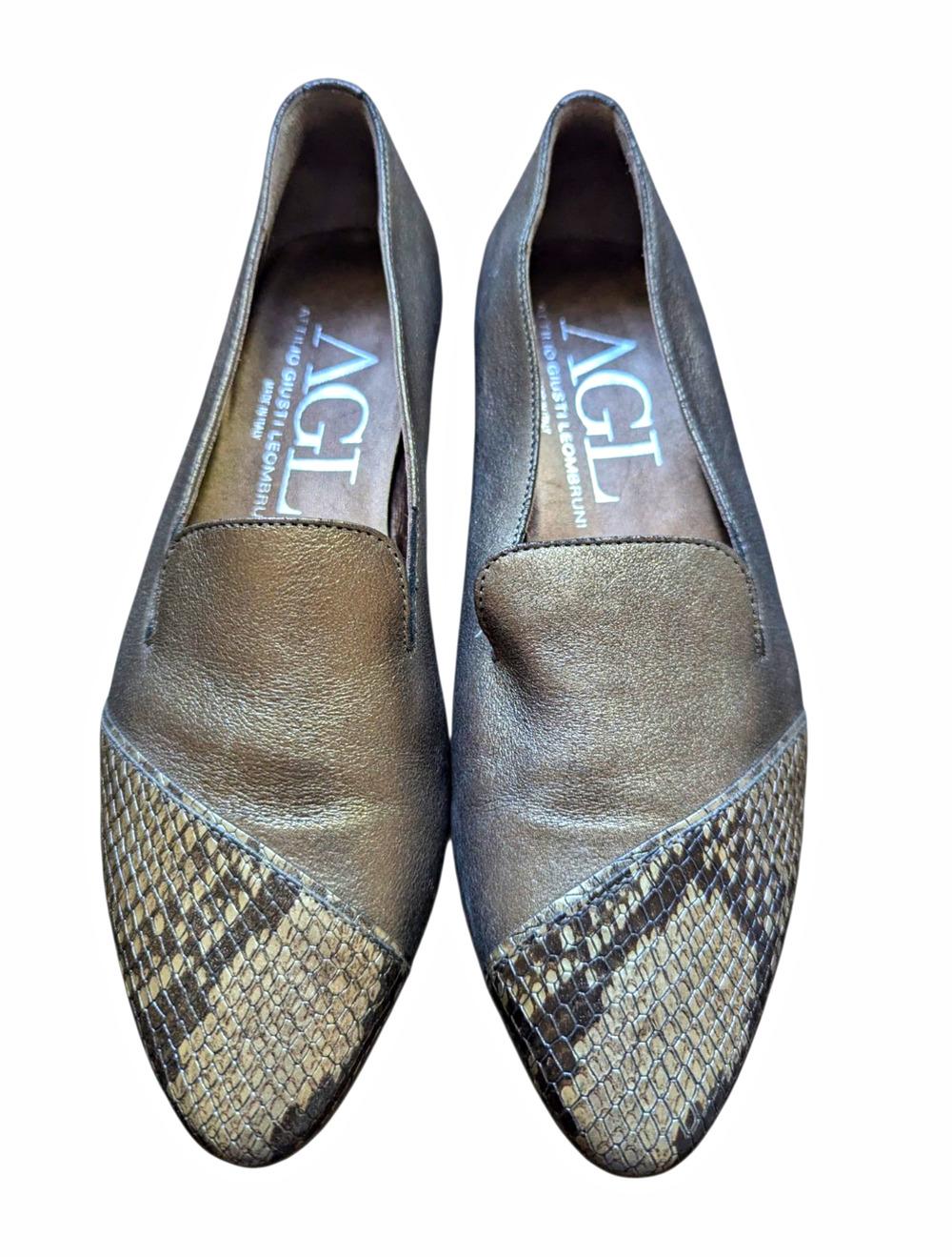 AGL Women's Leather Metallic Snake Print Toe Slip-On EU 38 US 8 Made In Italy
